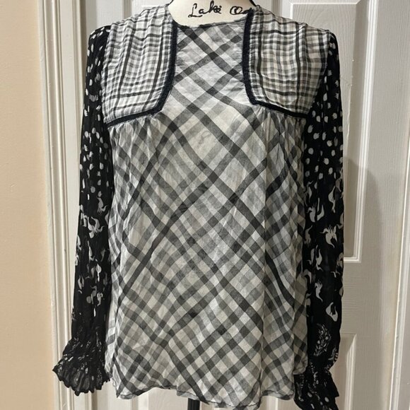 BL-NK BLOUSE MIRANDA PEASANT MONOCHROMATIC BLACK/WHITE SHEER PRINT Sz S BADDIE - Picture 7 of 16